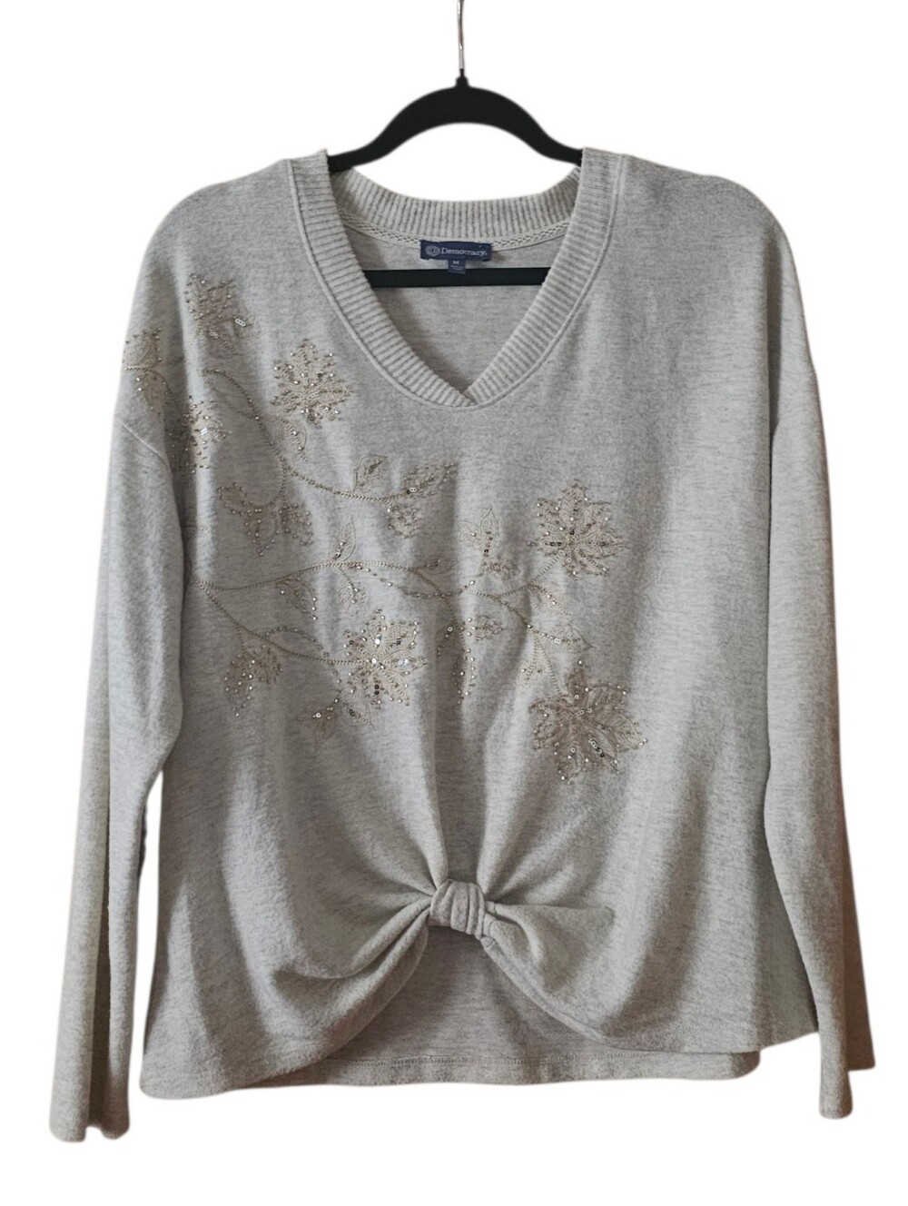 Democracy Embellished Knit Top Women’s Medium Beige Twist Front Sweater